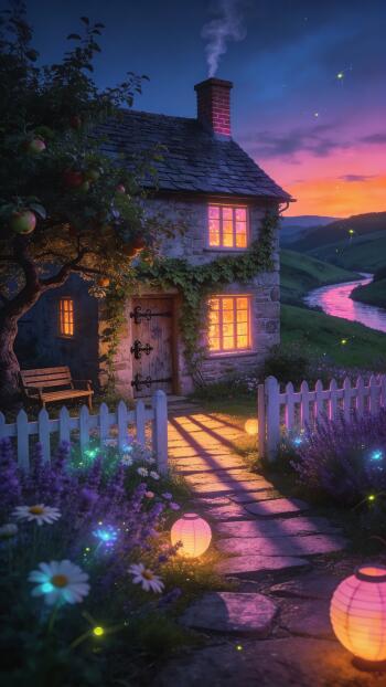 Phone wallpaper of a cozy stone house at dusk, warm windows and lanterns lighting a flower-lined path while fireflies dance by a winding river.