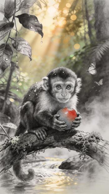 Phone wallpaper showing a young monkey clutching a red apple on a mossy branch in a misty, sunlit forest, with water droplets and butterflies adding a whimsical feel.