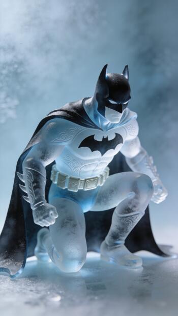 Phone wallpaper showing Batman kneeling as an icy translucent figure with a black cape and bat emblem, set in a cold blue mist.