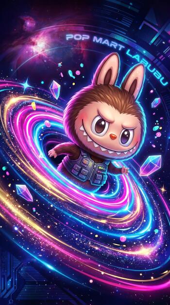 Phone wallpaper of Labubu, a bunny-like character in a spacesuit spiraling through neon cosmic rings with sparkles and floating crystals.