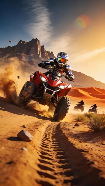 ATV phone wallpaper: a red ATV racing across sunlit desert dunes, rider in helmet kicking up sand with two trailing ATVs and rocky peaks behind.