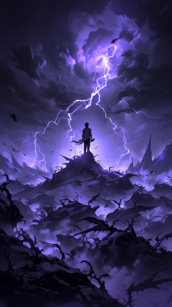 Purple anime phone wallpaper of Solo Leveling’s Sung Jin-Woo silhouetted on a peak, dark aura swirling as lightning cracks the stormy sky and he harvests aura power.