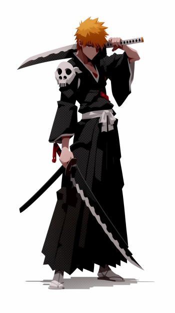 Phone wallpaper of Ichigo Kurosaki (Bleach) in a black shihakusho with a skull shoulder pad, spiky orange hair, holding a jagged zanpakutō on a white background.