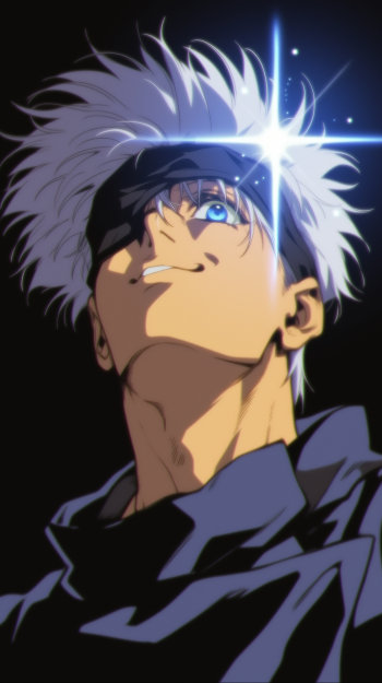 Phone wallpaper of Satoru Gojo (Jujutsu Kaisen) in retro anime style — head tilted up, blindfolded, a radiant starburst shining over one eye.
