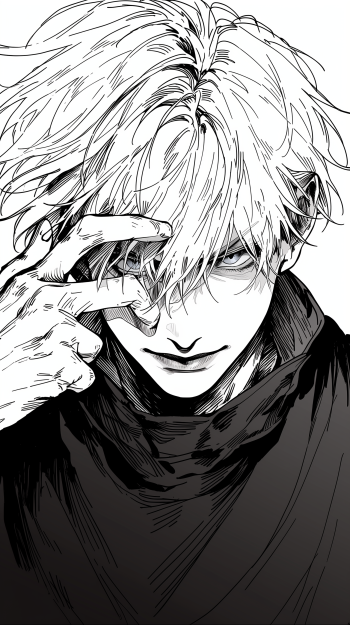 Black-and-white manga phone wallpaper of Satoru Gojo (Jujutsu Kaisen), close-up with tousled white hair, hand near his eye and a piercing, sly gaze.