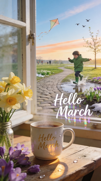 Phone wallpaper tagged hello march: sunlit window with daffodils and a steaming mug reading Hello March, while a child splashes down a winding path under a pastel sky with a kite.