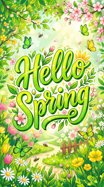Phone wallpaper that reads Hello Spring surrounded by lush green leaves, blooming flowers, butterflies, bees, a sunny glow and a quaint garden path.