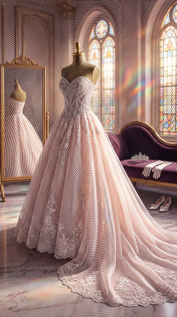 Phone wallpaper of a blush princess dress on a mannequin in a sunlit, cathedral-like dressing room with mirror, tiara, and shoes.