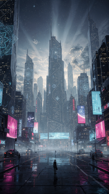Phone wallpaper of a moody cyberpunk cityscape: towering neon skyscrapers, rain‑slick streets reflecting magenta and cyan, holographic ads and a solitary figure walking toward a glowing skyline.