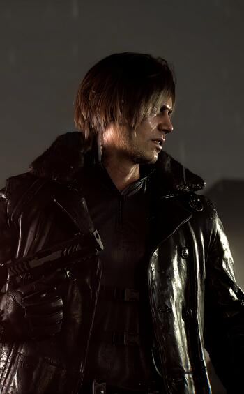 Phone wallpaper of Leon S. Kennedy from Resident Evil Requiem — side profile in a glossy black coat, dim moody lighting.