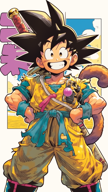 Phone wallpaper of Anime Dragon Ball Goku: young Goku grinning with sword on his back, furry tail and torn yellow gi, vibrant colors on a white anime-style background.