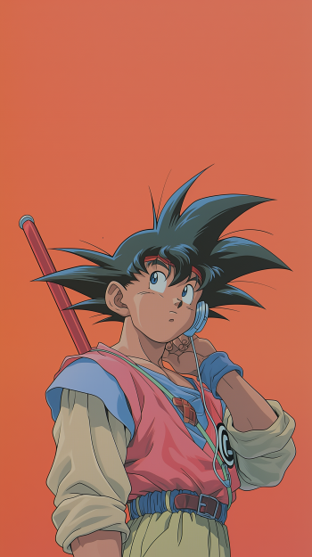Retro-style Dragon Ball anime Goku phone wallpaper — young Goku in pink vest and headband with his staff and headphones against a flat orange background.