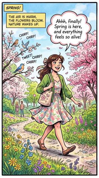 Phone wallpaper: vibrant spring comic scene of a smiling woman in a floral dress walking along a blossom-lined path, birds chirping, colorful wildflowers and pink trees under blue sky.