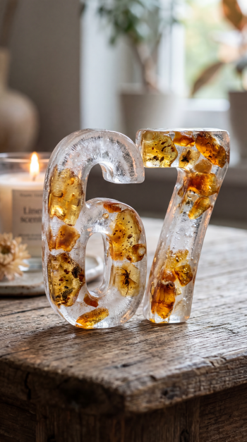 Phone wallpaper tagged 67: clear resin numbers 67 filled with amber petals on a weathered wooden table, warm candlelight and soft window bokeh in the blurred background.