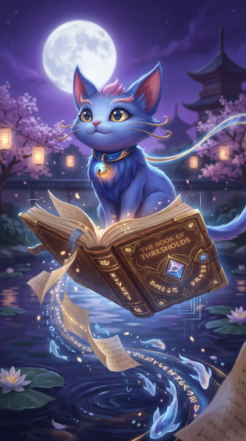 Phone wallpaper of Yuumi (League of Legends): a blue magical cat beside an open floating spellbook over a moonlit pond, glowing runes and lotus blossoms drifting around.