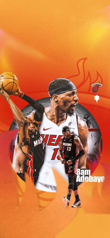 Vertical phone wallpaper of an NBA basketball player in a Miami Heat uniform in multiple action poses against an orange background with team logo and name text.
