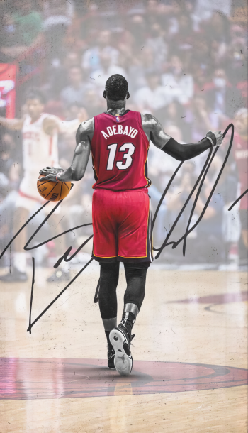 Phone wallpaper of an NBA player in a Miami Heat red #13 jersey dribbling toward the court, large autograph scrawled across the image, blurred crowd in the arena background.