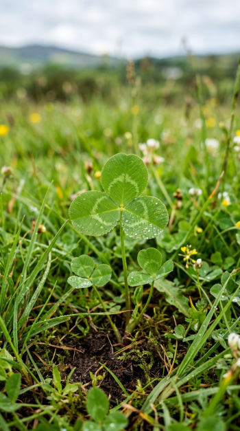 Vertical phone wallpaper showing a dewy shamrock in sharp focus among grass and tiny wildflowers, with misty hills softly blurred in the background.
