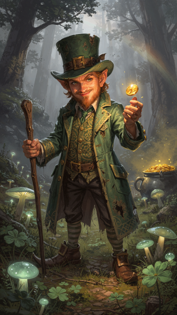 Phone wallpaper of a grinning leprechaun in a green coat and tall hat, holding a glowing gold coin and staff amid a misty forest of clovers, mushrooms and a pot of gold.