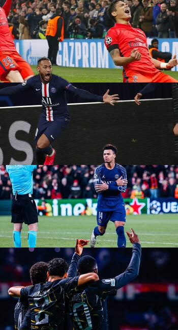Phone wallpaper collage of Paris Saint‑Germain F.C. soccer action: players celebrating and sprinting on the pitch with cheering fans in the stands, bold red and blue kits.