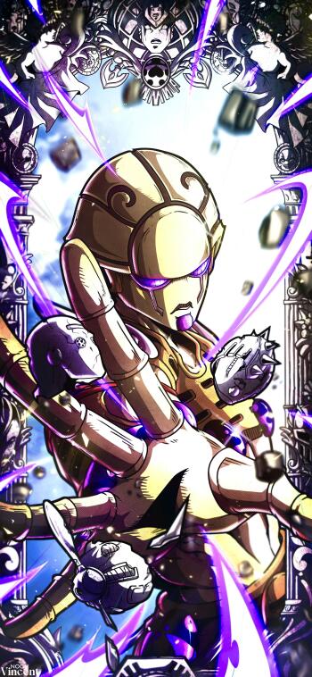 Phone wallpaper of Gold Experience from JoJo's Bizarre Adventure: Golden Wind — golden humanoid Stand striking a dynamic pose amid purple energy, floating debris, and an ornate decorative border.