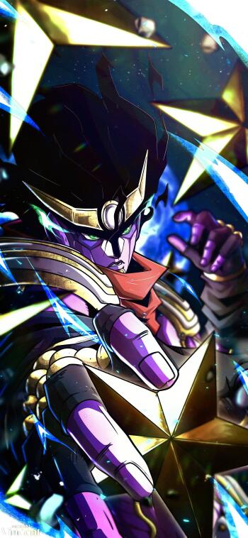 Phone wallpaper featuring Star Platinum from JoJo's Bizarre Adventure — dynamic purple-hued pose, gold star motifs, blue energy streaks and dramatic lighting.