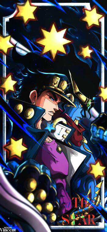 Phone wallpaper of Jotaro Kujo (JoJo's Bizarre Adventure) and his Stand Star Platinum in a dramatic pose, surrounded by glowing yellow stars and crackling blue energy streaks.