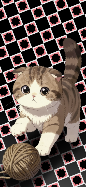 Phone wallpaper showing a wide-eyed Scottish Fold kitten cat batting a yarn ball on a black-and-pink geometric background.
