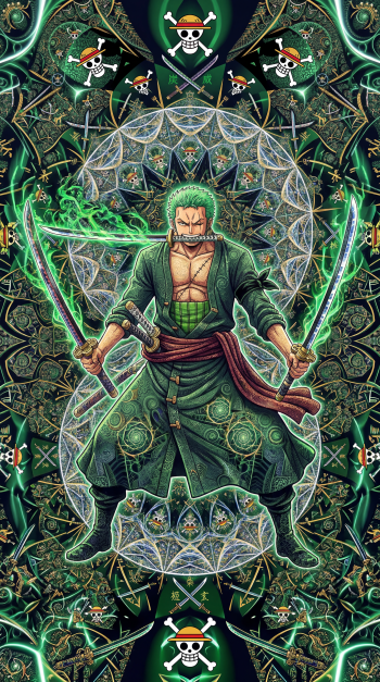 Phone wallpaper featuring Roronoa Zoro poised with three glowing green swords, green robe and chest scar, set against an intricate kaleidoscopic emerald background with Straw Hat Jolly Roger.