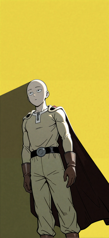 Phone wallpaper of Saitama (One-Punch Man), the caped baldy, standing full-body against a bold yellow background with a long shadow and neutral expression.