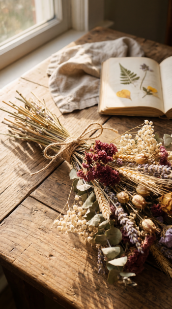 Phone wallpaper showing a tied dried flower bouquet on a sunlit rustic wooden table beside an open botanical journal and soft window light.