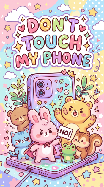 Pastel phone wallpaper reading DON'T TOUCH MY PHONE, with a determined bunny, bear, cat, frog and squirrel surrounding a smartphone amid stars, hearts and clouds.
