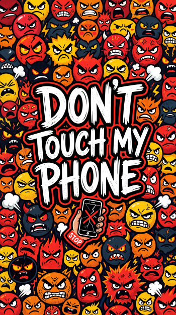 Phone wallpaper reading DON'T TOUCH MY PHONE in bold graffiti over a crowded pattern of angry red, orange and yellow faces with a cracked phone icon.