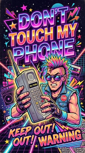 Neon retro phone wallpaper reading DON'T TOUCH MY PHONE — a mohawked punk clutching a giant brick cellphone amid boomboxes, stars and flashing KEEP OUT! WARNING graphics.