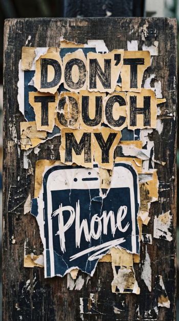 Phone wallpaper showing a weathered, torn poster on wood that reads DON'T TOUCH MY Phone in bold, distressed lettering with ripped paper edges.