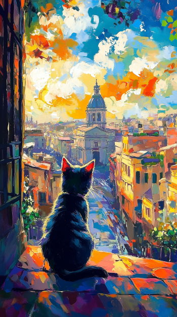 Artistic painting phone wallpaper: a cat sits on a windowsill, gazing over a vibrant, colorful cityscape with a domed church and a dramatic, cloud-streaked sky.