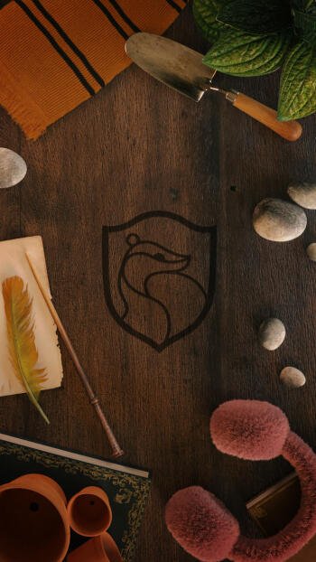 Phone wallpaper from the Harry Potter movie: Hufflepuff crest burned into wood, surrounded by gardening tools, feathers, stones and cozy trinkets.