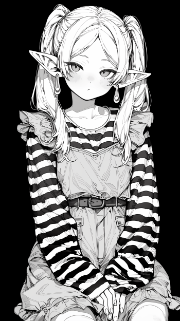 Black-and-white manga phone wallpaper of Frieren: Beyond Journey's End — elf girl with twin tails, striped sleeves and pinafore, hands folded, calm, direct gaze on black background.