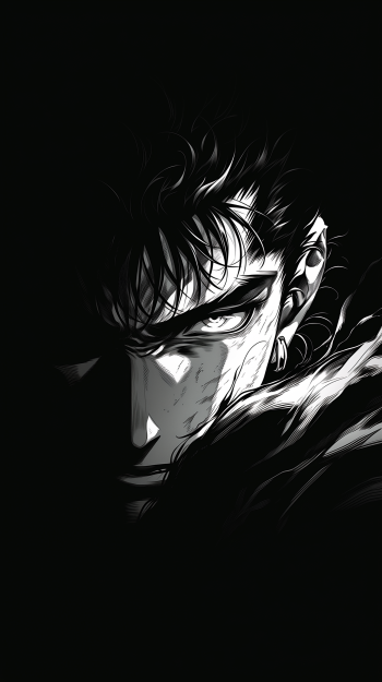 Black-and-white manga phone wallpaper: close-up of Guts (Berserk) with a scarred face, piercing eye and shadowed cloak.