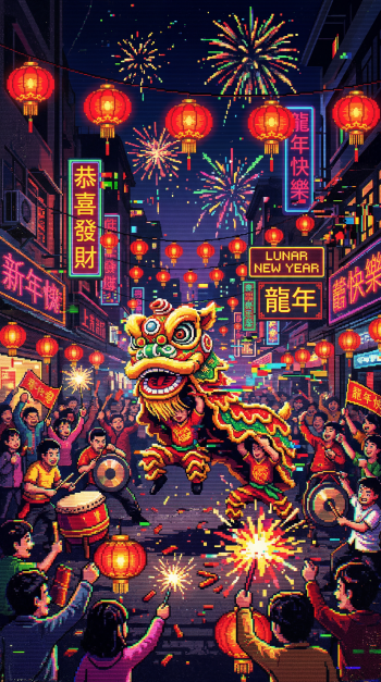 Lunar New Year phone wallpaper: colorful lion dance down a lantern-lit street, crowds drumming and lighting sparklers, neon signs and fireworks bursting in the night sky.