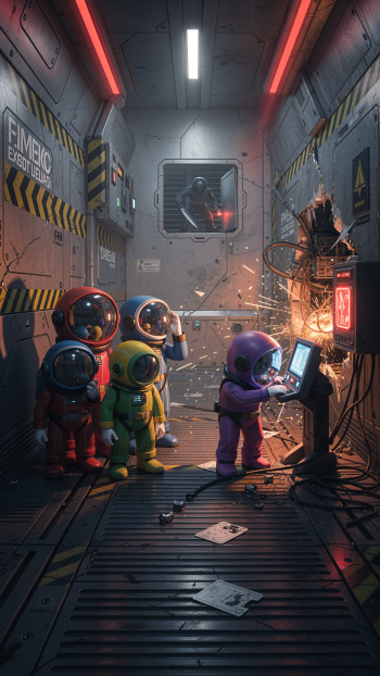 Among Us phone wallpaper: colorful crewmates watch a purple crewmate welding a sparking control panel in a dim spaceship corridor while an impostor silhouette peers through a hatch.