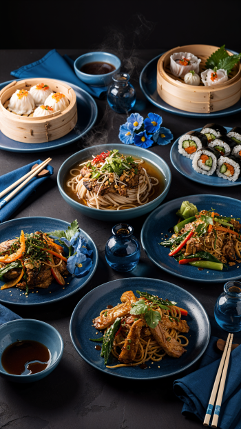 Phone wallpaper of an elegant Asian food spread: steaming dumplings, sushi rolls, noodle bowls and stir-fries on deep-blue plates, garnished with herbs and chopsticks.