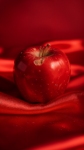 Phone wallpaper in red: glossy red apple resting on rippled red silk, with rich highlights and deep shadows.