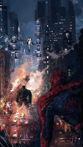 Vertical phone wallpaper from the movie Spider-Man: Brand New Day — Spider-Man overlooks a burning, chaotic city street as enemies clash among towering skyscrapers.