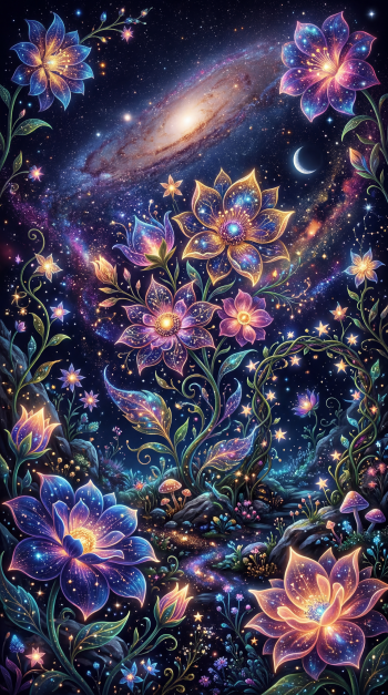 Floral phone wallpaper featuring luminous, jewel-toned blossoms and curling vines against a starry galaxy backdrop with a glowing spiral nebula and crescent moon.
