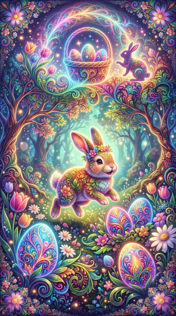 Cute Easter phone wallpaper: a floral-patterned bunny hopping among ornate, decorated eggs and glowing flowers in a whimsical, rainbow-hued forest.