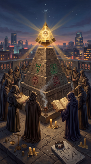 Illuminati-themed phone wallpaper: hooded figures circle a carved stone pyramid on a rooftop while a glowing golden Eye pyramid hovers above a twilight city, candles and ancient tomes lit.