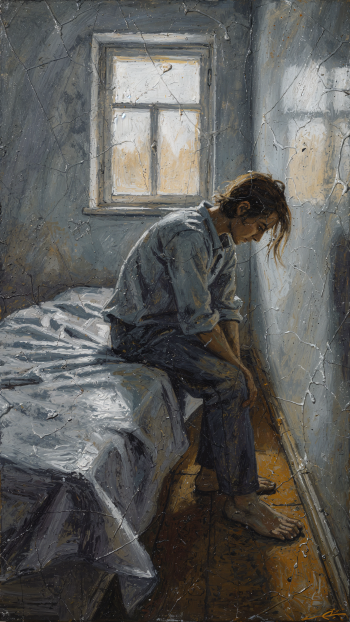 Phone wallpaper showing a lone person seated on a bed, head bowed against a gray wall in a dim room, conveying a heavy, depressed mood.