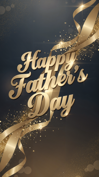 Phone wallpaper showing a dark background with swirling gold ribbons, glitter accents and bold gold script that reads Happy Father's Day.