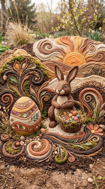 Cute Easter phone wallpaper: whimsical clay-style scene with a chocolate bunny holding a basket of painted eggs amid ornate swirls, decorated egg, mossy plants and a rising sun backdrop.